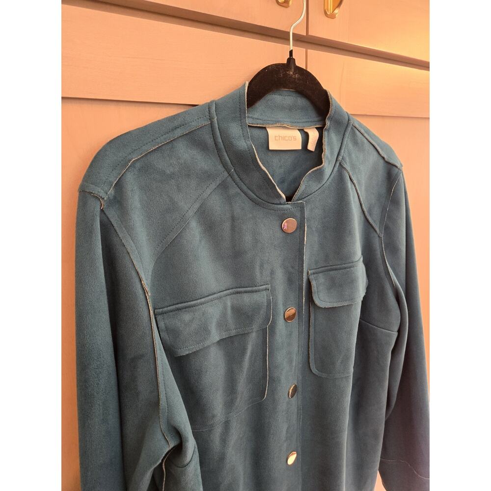 CHICO'S Double Face Sueded Jacket Size Medium Dark Teal Colorful Layers Spring - Picture 7 of 16